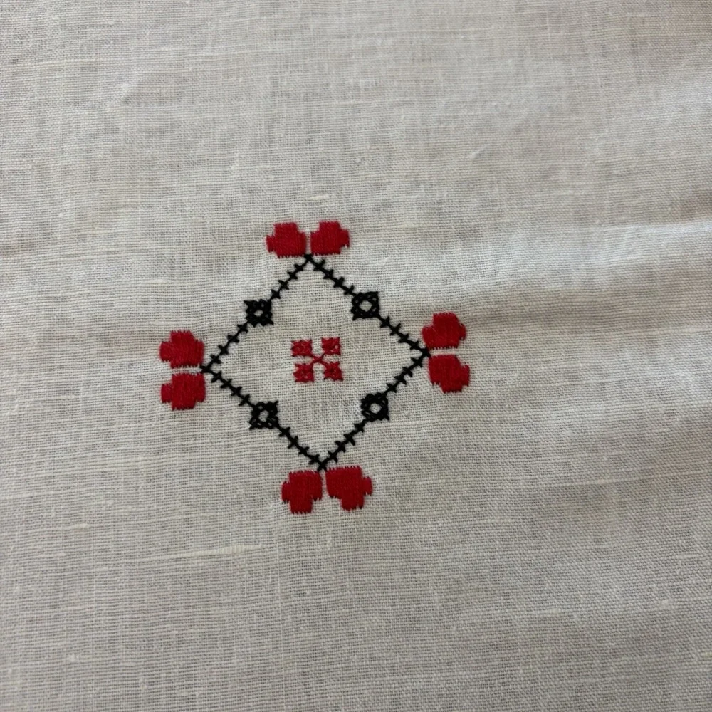 Vintage Cross Stitch Linen Tablecloth Napkin Set Red Black Folk Art Farmhouse